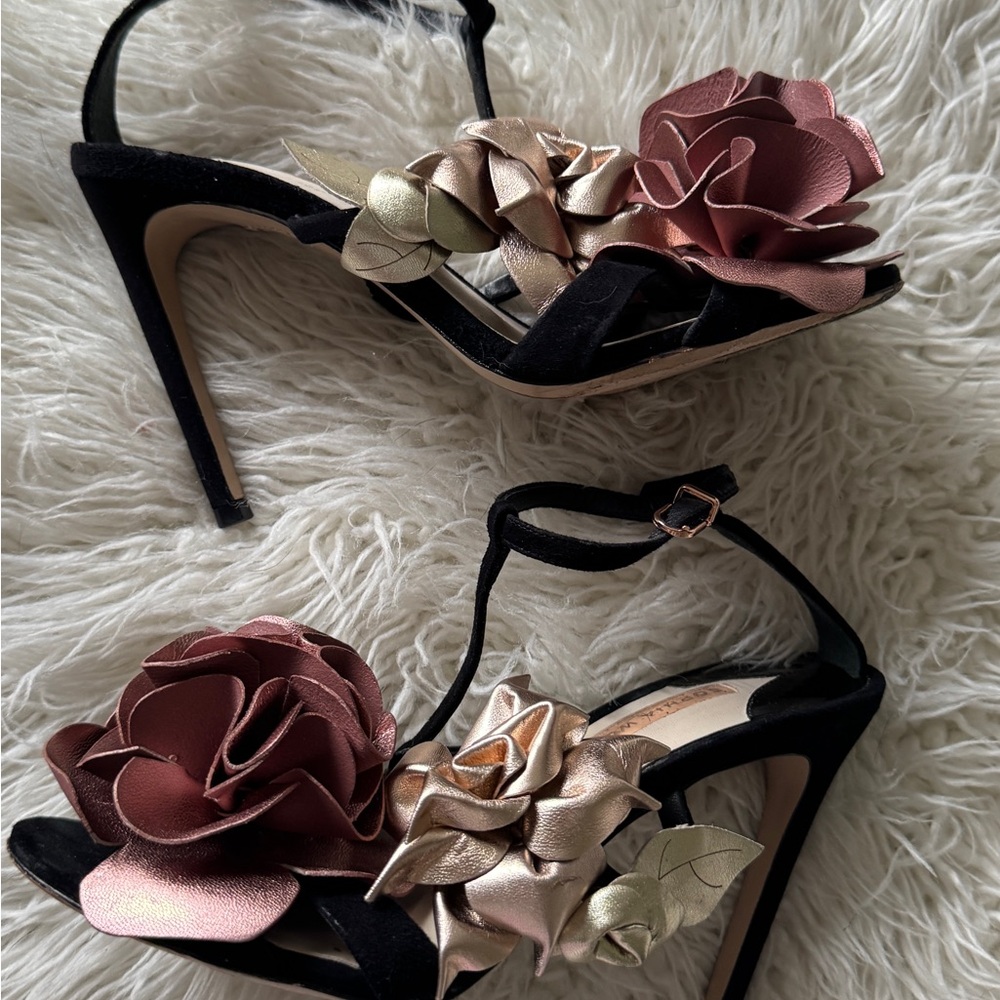 Sophia Webster Black Heels with Pink and Gold Floral Accents